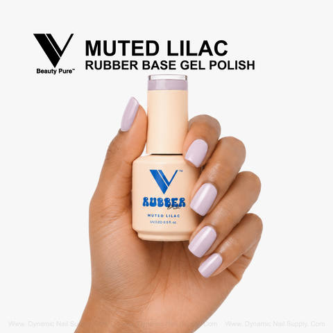 Muted lilac nails hold V Beauty Pure Rubber Base Gel Polish, a perfect nail strengthener, against a white background.