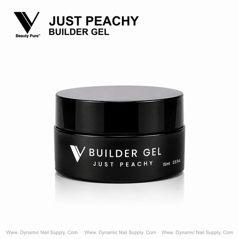 A black jar of Just Peachy - V Beauty Pure Builder Gel rests on white, minimal black text above.