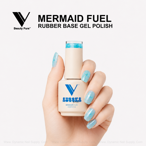 Hand with blue glitter nails holds V Beauty Pure Mermaid Fuel Rubber Base Gel; mermaid shimmer sparkles in bold above.