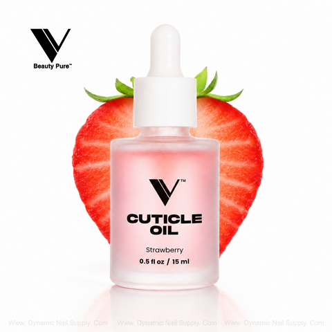 V Beauty Pure - Strawberry Cuticle Oil in a frosted dropper bottle, pink liquid, ideal for nourishing nails.