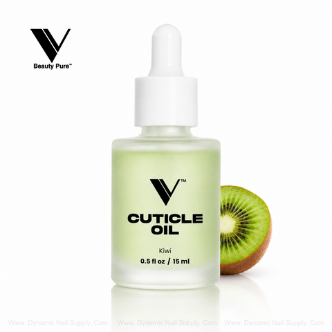 V Beauty Pure Kiwi Cuticle Oil in a frosted glass bottle with white dropper; black text on white background.