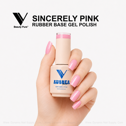 A hand with glossy pink nails holds V Beauty Pure Sincerely Pink Rubber Base Gel Polish against a white background.