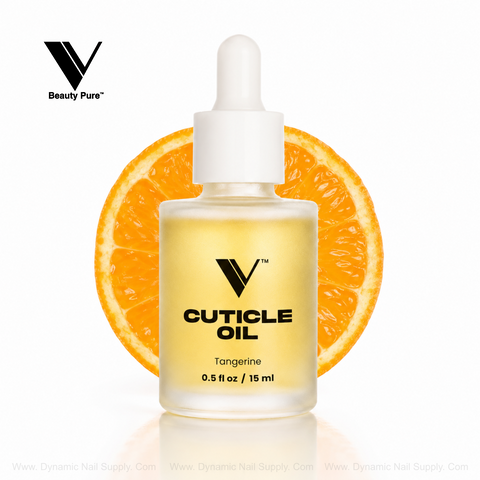 V Beauty Pure - Tangerine Cuticle Oil in a clear dropper bottle, perfect for nourishing nails by a sliced orange.