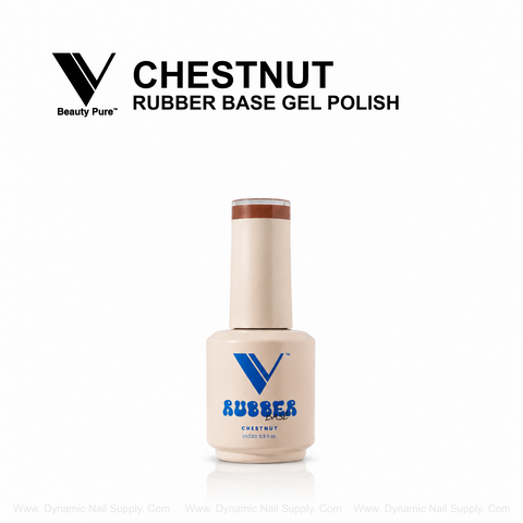 V Beauty Pure Chestnut Rubber Base Gel Polish in a beige bottle with brown cap, shown on a white background.