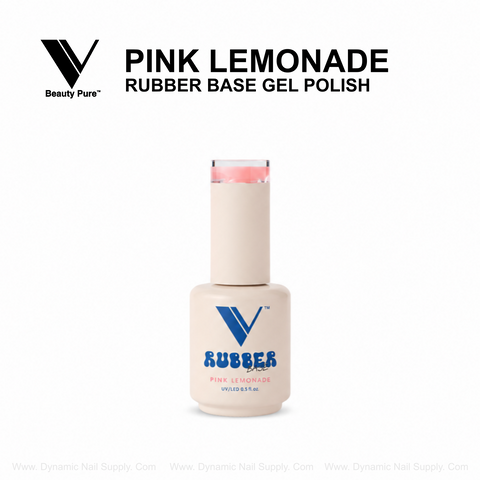 Beige bottle of V Beauty Pure Pink Lemonade Rubber Base Gel Polish with pink cap on white background, branding text above.