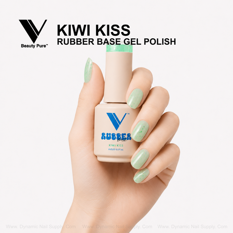 A hand with mint green nails holds V Beauty Pure Kiwi Kiss Rubber Base Gel Polish, set against a white background.