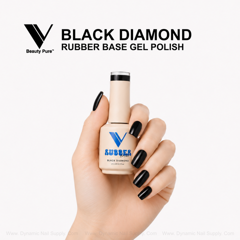 A hand with black nails holds V Beauty Pure Black Diamond Rubber Base Gel Polish—ideal for strong, shimmery black nails.