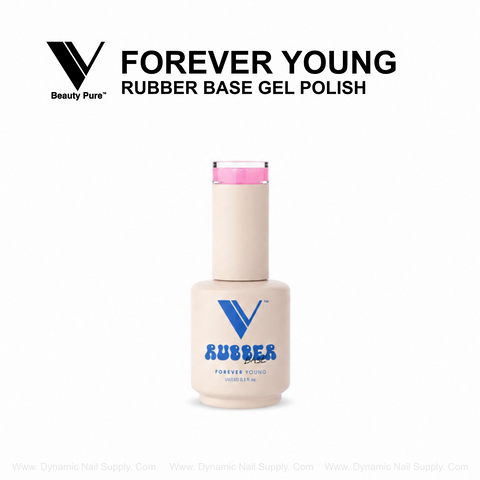 A beige V Beauty Pure Forever Young Rubber Base Gel Polish bottle for nail strengthening sits below the product name.