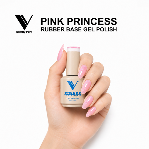 A hand with pink glitter nails holds a V Beauty Pure Pink Princess Rubber Base Gel Polish for nail strength.