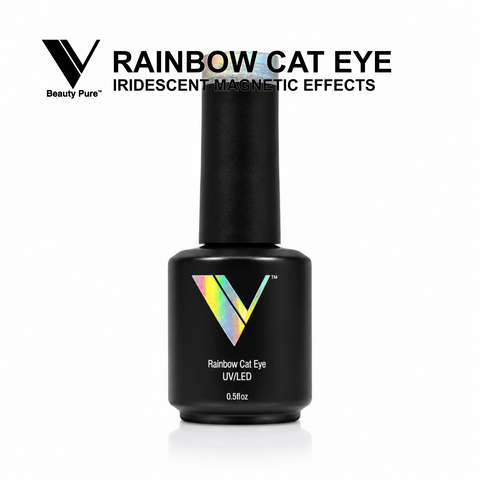 HEMA-free V Beauty Pure Rainbow Cat Eye Gel Polish bottle, iridescent V logo, text: Rainbow Cat Eye Gel & Magnetic Effects.