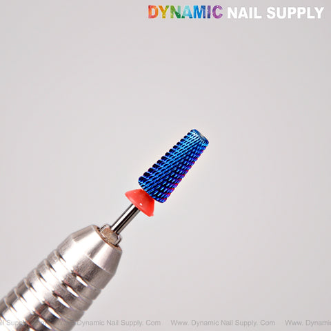 A close-up of a 5-in-1 Fine Cross Cut Drill Bit (Blue) for sealing cuticles and smoothing, on a light gray background.
