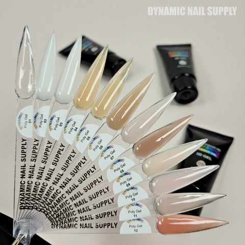 Nine nude nail swatches fan over (AcrylGel) Poly Gel tubes, perfect for nail sculpting by DYNAMIC NAIL SUPPLY.