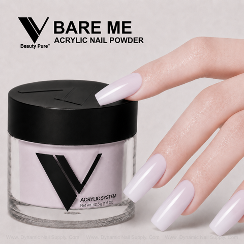 A hand with long, pale pink nails rests by V Beauty Pure - Bare Me Acrylic Powder, perfect for stunning nail art.