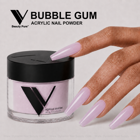 Hand with long, glossy pale pink nails next to V Beauty Pure - Bubble Gum Acrylic Powder, ideal for stunning nail art.