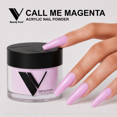 Glossy magenta nails hold a Call Me Magenta - V Beauty Pure Acrylic Powder jar.