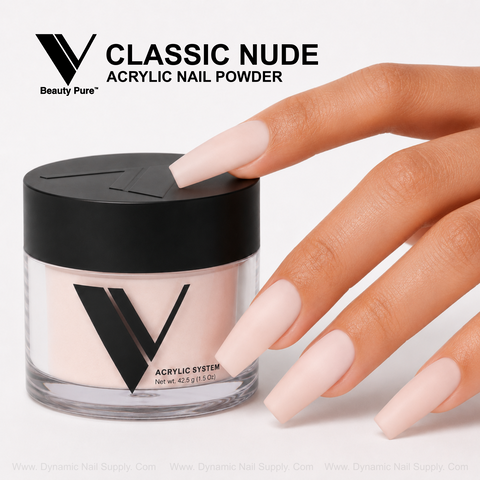 Matte nude nails are shown next to a V Beauty Pure - Classic Nude Acrylic Powder jar on a white background.