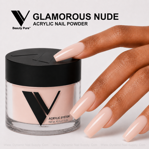 A hand with glossy nude acrylic nails holds V Beauty Pure - Glamorous Nude Acrylic Powder.