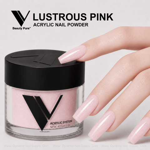 Glossy pink nails pose beside V Beauty Pure - Lustrous Pink Glittery Acrylic Powder for a salon-perfect look.