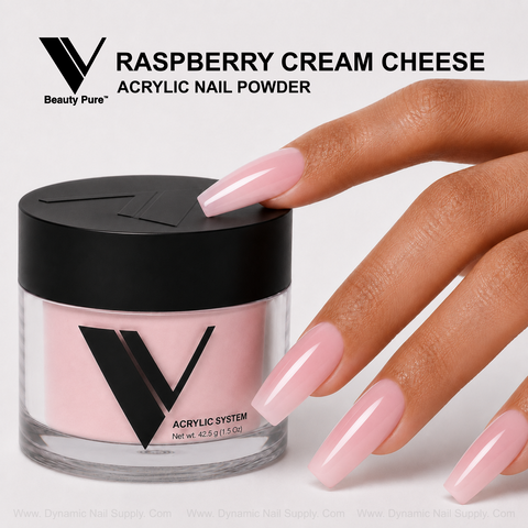 A hand with glossy pink nails rests by V Beauty Pure - Raspberry Cream Cheese Acrylic Powder, a pro nail supply.