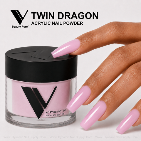 A hand with long, glossy light pink nails beside a jar of V Beauty Pure - Twin Dragon Acrylic Powder.