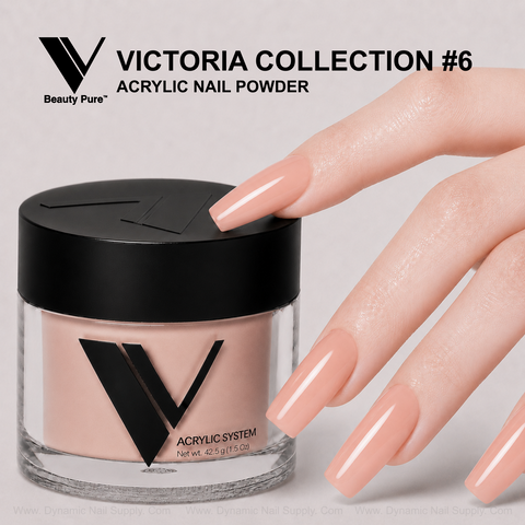 Long, glossy nude nails near a jar of V Beauty Pure - Victoria Collection #6 Acrylic Powder.