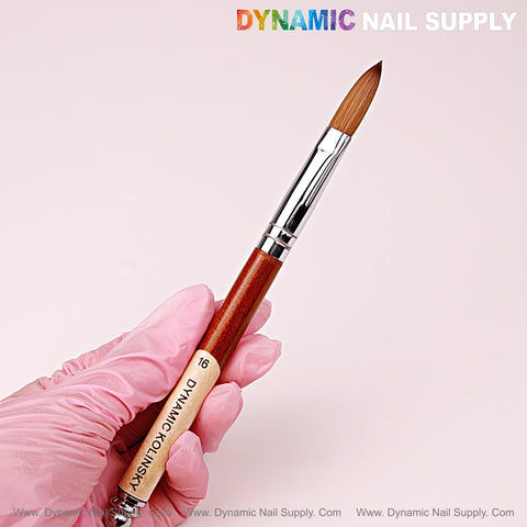 A gloved hand holds a Size 16 Crimped Dynamic Kolinsky Brush for acrylic; Dynamic Nail Supply above.