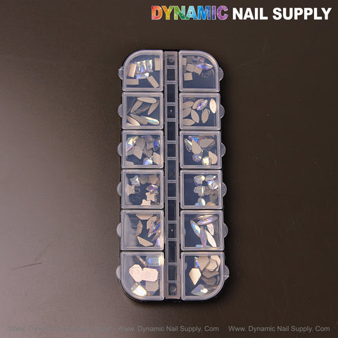 Crystal Blue AB 6 organizer holds mixed 12 shapes of raindrop, square, heart, and moon nail art rhinestone gems.