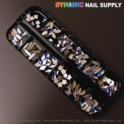 The Crystal Blue AB 6 case holds mixed nail gems in 12 shapes, including raindrop, square, heart, and moon designs.