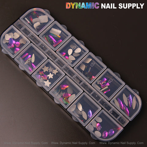 The Fuchsia AB 8 organizer holds mixed 12 shapes raindrop, square, heart, and moon nail art rhinestone gems.