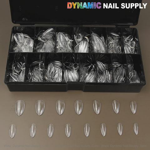 Black box of Natural Almond (Medium) Full Cover Soft-Gel Nail Tips, 10 sizes, DYNAMIC NAIL SUPPLY label top right.