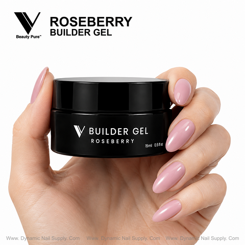 A hand with glossy rosy berry nails holds Roseberry - V Beauty Pure Builder Gel by Dynamic Nail Supply Official.