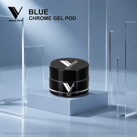 Blue gel pod on display, perfect for standout nail art—V Beauty Pure Chrome Gel Pod by Dynamic Nail Supply.