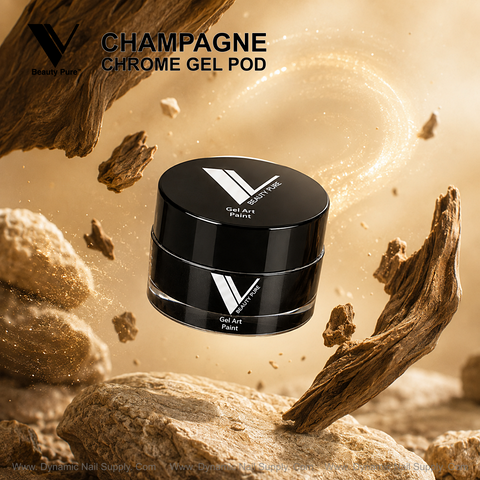 Champagne Chrome Gel Pod shimmers with golden dust and brown wood—ideal for precision nail art.