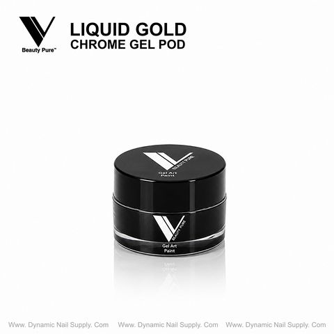 Liquid Gold Chrome Gel Pod by Dynamic Nail Supply, a metallic gold gel for precise nail art on a white background.