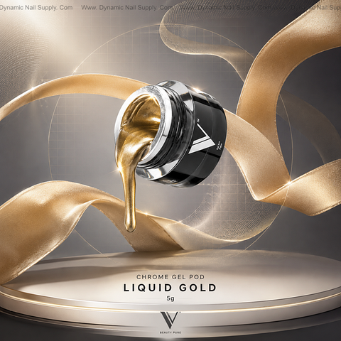 Liquid Gold Chrome Gel Pod pours thick golden ribbons—perfect precision nail art from V Beauty Pure by Dynamic Nail Supply.