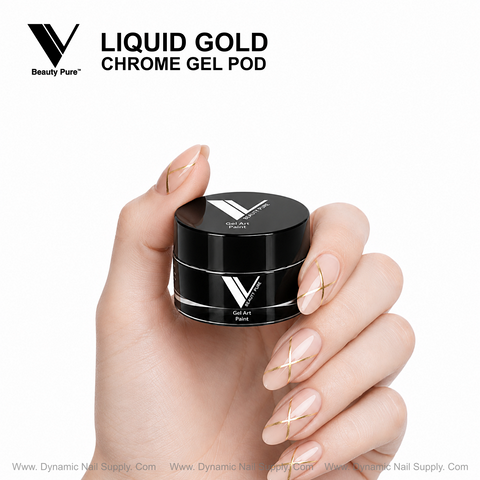 A nude-nailed hand holds the Liquid Gold Chrome Gel Pod by Dynamic Nail Supply, perfect for precise nail art.
