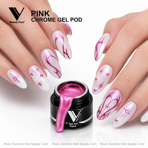Long nails with white and metallic pink nail art by Pink - V Beauty Pure Chrome Gel Pod, Dynamic Nail Supply.
