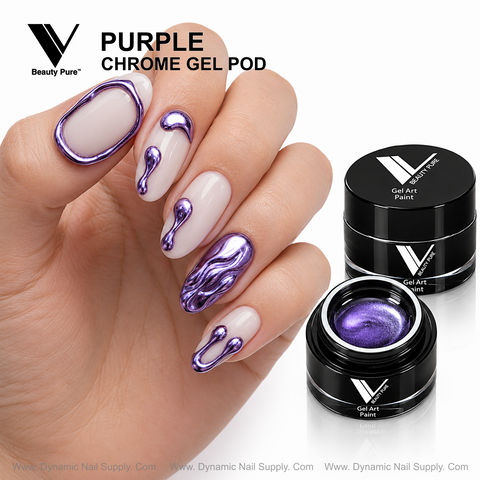 Hand with nude nails and raised metallic purple art; Purple - V Chrome Gel Pod jars by Dynamic Nail Supply shown.