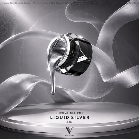 Liquid Silver Chrome Gel Pod, 5ml: ultra-pigmented metallic silver for mirror nail art by Dynamic Nail Supply.