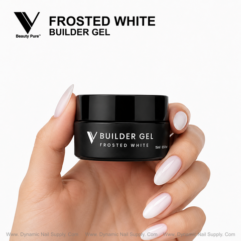 Manicured hand holds Frosted White - V Beauty Pure Builder Gel, ideal for milky white nail enhancements.