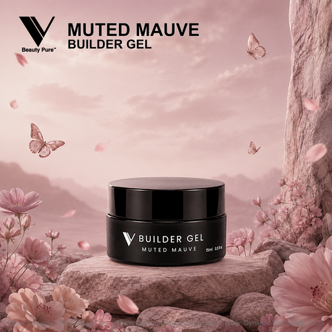 Muted Mauve - V Beauty Pure Builder Gel rests with pink blooms, butterflies, and sky, by Dynamic Nail Supply.