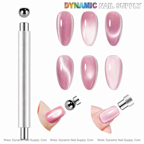 [Silver] Dual Head Strong Cat Eye Magnet used to create pink cat eye nails; close-up of ball magnet on nail.