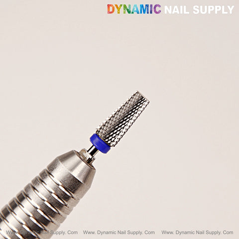 Close-up of the 5-in-1 Medium Silver Tapered Flat-Top Nail Drill Bit, ideal for sealing cuticle and smoothing acrylic.