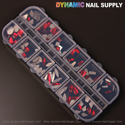 Clear case with compartments for Ruby Red 3 mixed 12 shapes red and silver nail art rhinestone gems.