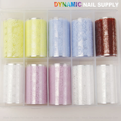Blue, yellow, red, pink & white mixed nail foils come in a clear box for easy nail art with DYNAMIC NAIL SUPPLY.