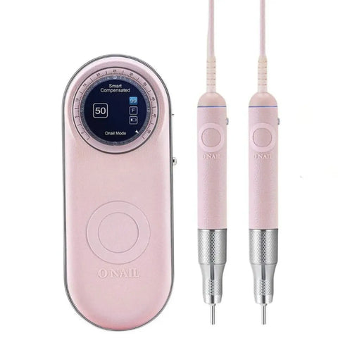 A pink ONAIL Precision Portable AI Nail Drill, 50,000 RPM, with digital display and two attached handpieces shown vertically.