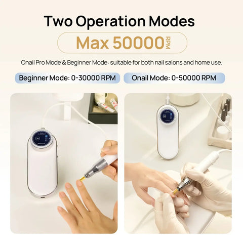Two images show the ONAIL Precision Portable AI Nail Drill, a 50,000 RPM smart machine with display and quiet operation.