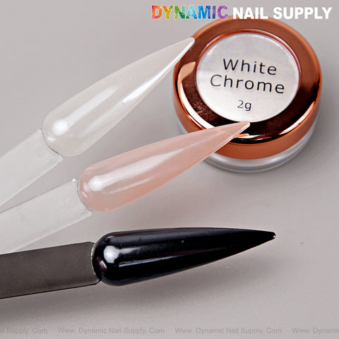 Three nail polish swatches with Pearl White Chrome Powder, 2g, rose gold lid—perfect for glazed donut nails.