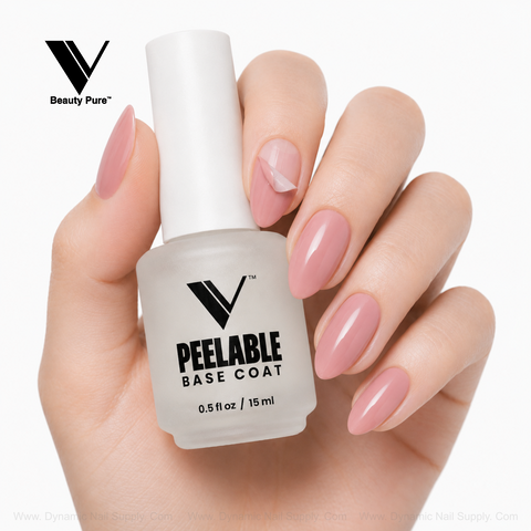 A hand with pink nails holds V Beauty Pure - Peelable Base Coat; one nail features partially peeled polish.