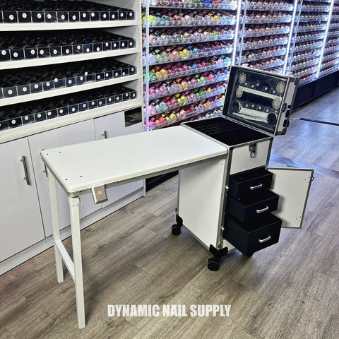 (White) Portable & Foldable Rolling Manicure Nail Table - Travel Makeup Desk & Train Case